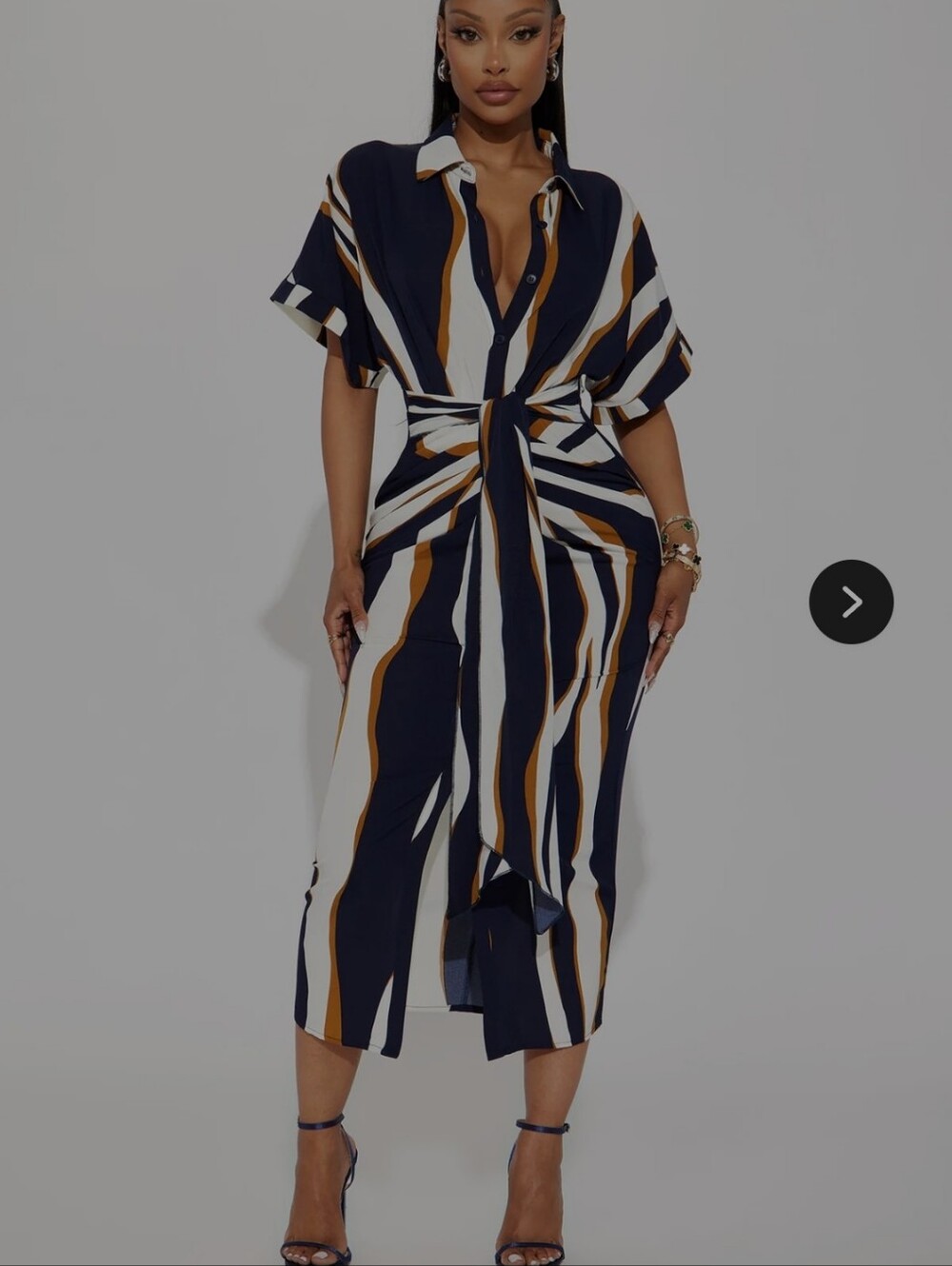 Fashion Nova Navy, White & Mustard Striped Tie-Front Midi Dress